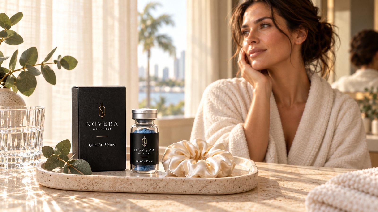 A relaxed woman seated by a sunlit window with Novera GHK-Cu packaging on a tray beside her.